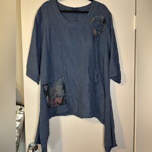 Colette Blue Linen Tunic with Unique Patchwork Design and Pocket Large/XL